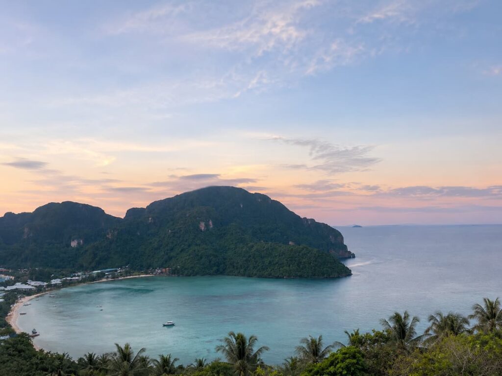 View across Koh Phi Phi’s turquoise bay and limestone cliffs, one of the best islands in Southern Thailand