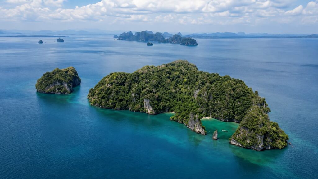 Aerial view of limestone islands near Koh Yao Noi, one of the best islands in Southern Thailand