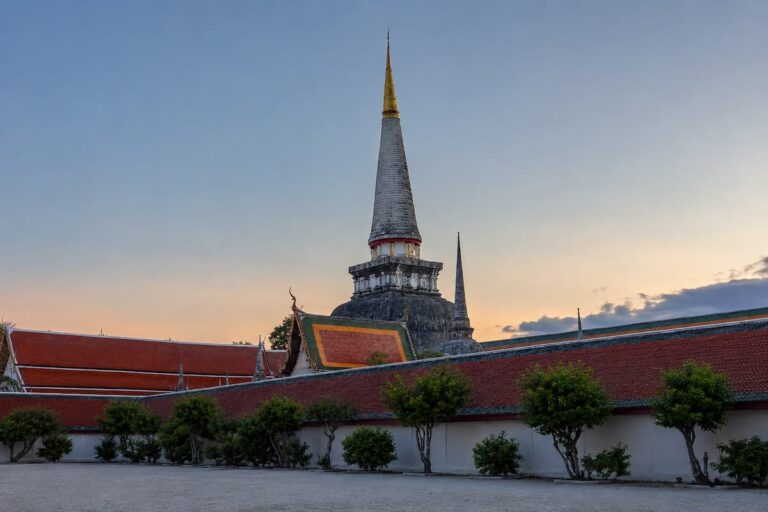 Wat Phra Mahathat Woramahawihan at dusk, one of the best temples in Southern Thailand