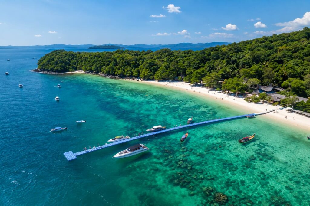 Aerial view of Coral Island near Phuket, a popular beach escape featured in our Patong Travel Guide for visitors staying in Patong.