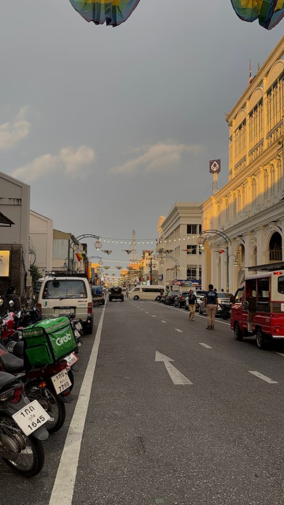Road leading through the historic shophouses of Phuket Old Town in a Phuket travel guide