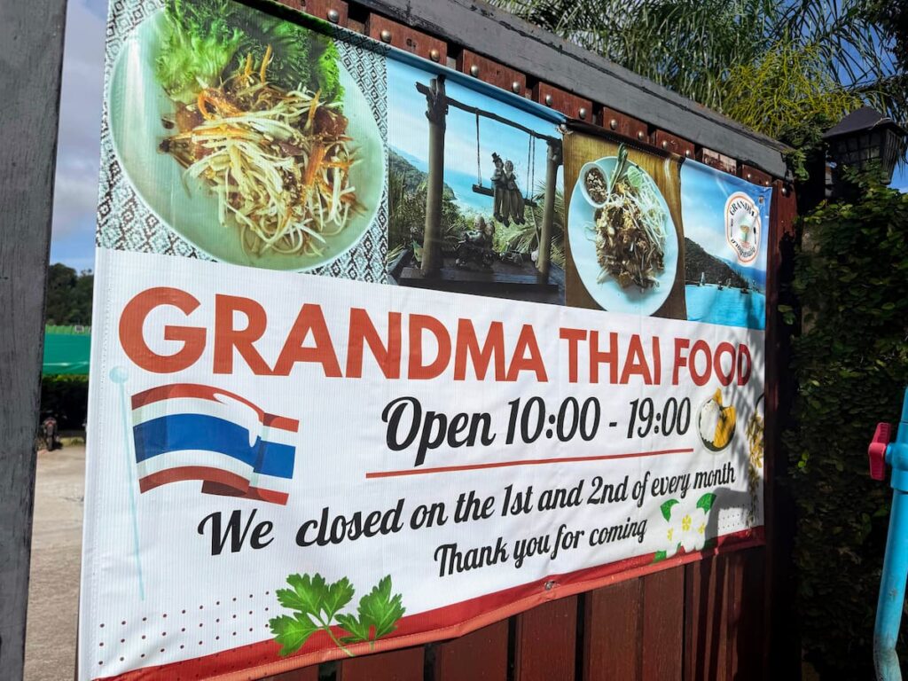 Grandma Homemade Thai Food entrance sign showing the restaurant in the hills south of Patong