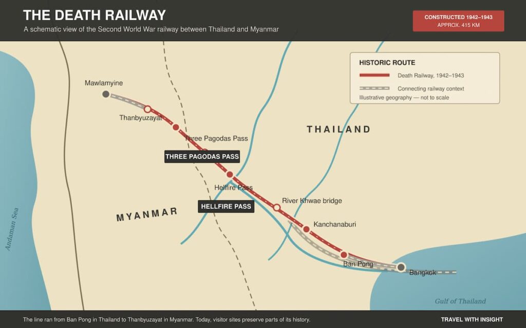 Death Railway route from Ban Pong to Thanbyuzayat, featured in a guide to historical places in Central Thailand.