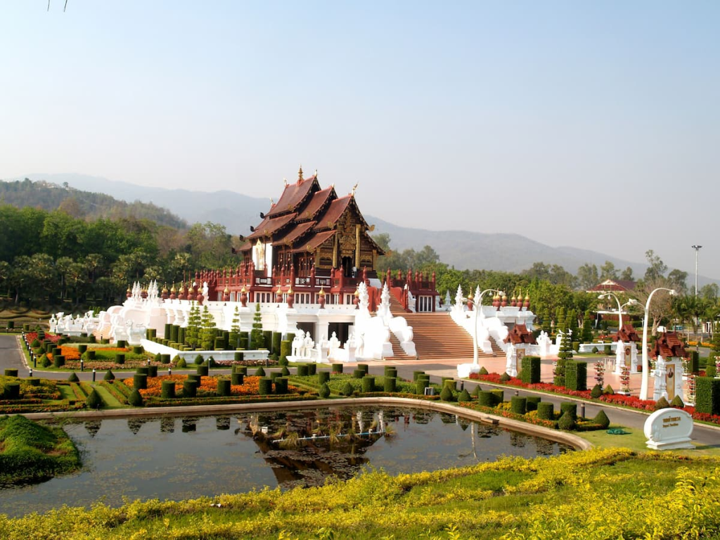 Ho Kham Luang Royal Pavilion surrounded by landscaped gardens and mountains in Chiang Mai, Northern Thailand used to show atmosphere for Northern Thailand in the Thailand Travel Guide