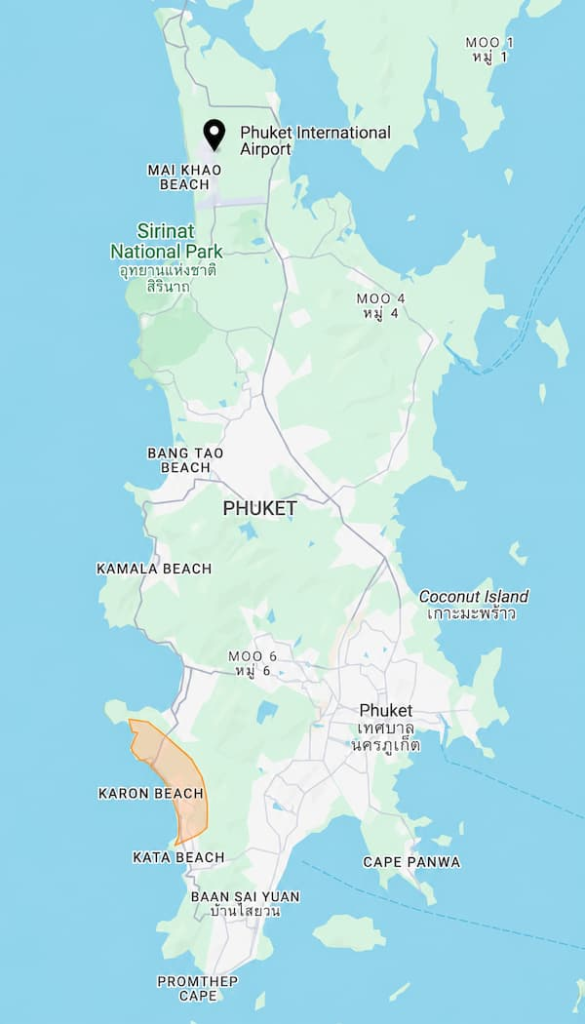 Karon Travel Guide map showing the Karon holiday area on Phuket’s west coast, between Kata and Patong, with Phuket International Airport to the north.