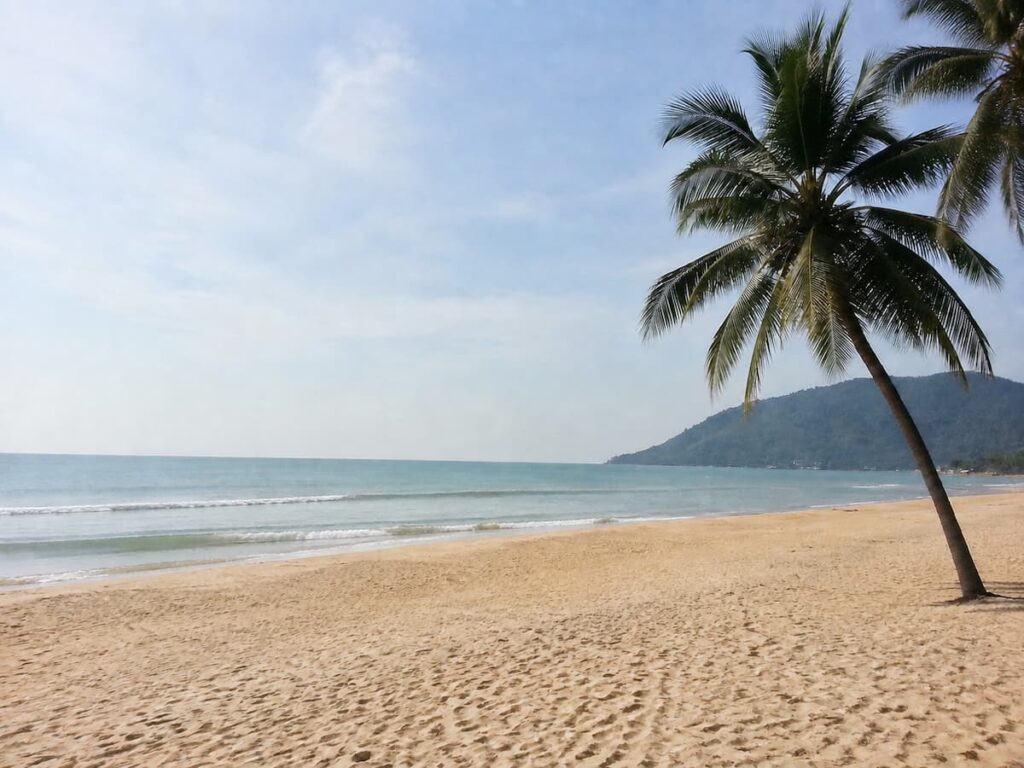 Quiet sandy shoreline and coconut palms at Khanom Beach in Southern Thailand