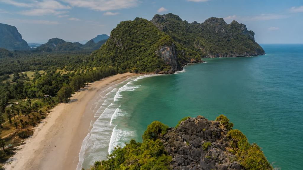 Thailand travel guide view of Thung Yang Beach and the Gulf coastline from Khao Thung Yang Viewpoint in Chumphon.