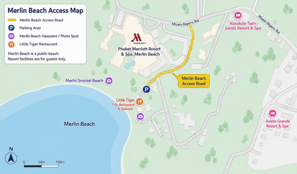 Merlin Beach access map showing the access road, parking area and Little Tiger Restaurant near Merlin Beach in Patong.