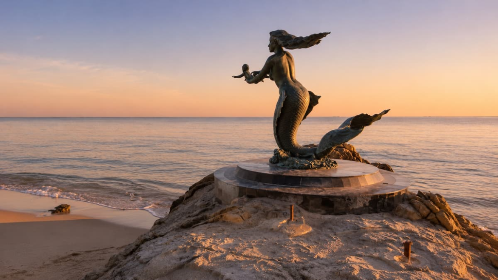 Thailand travel guide view of the mermaid statue overlooking the sea on Koh Samet at sunset.
