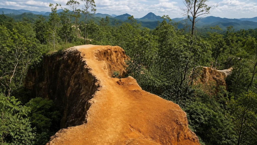 Thailand travel guide view of the narrow ochre ridges of Pai Canyon surrounded by forested mountains in Northern Thailand.