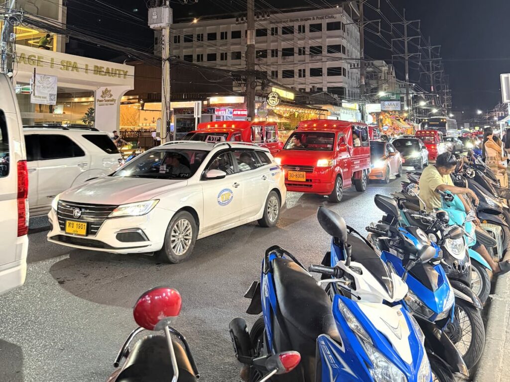Traffic and everyday street life in central Patong, helping readers of this Patong Travel Guide understand the town's busy transport network and urban atmosphere.