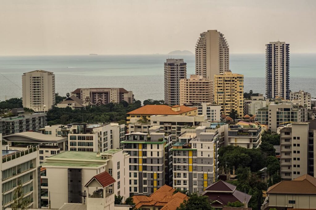 High-rise hotels and accommodation overlooking the coast in Pattaya, Thailand.