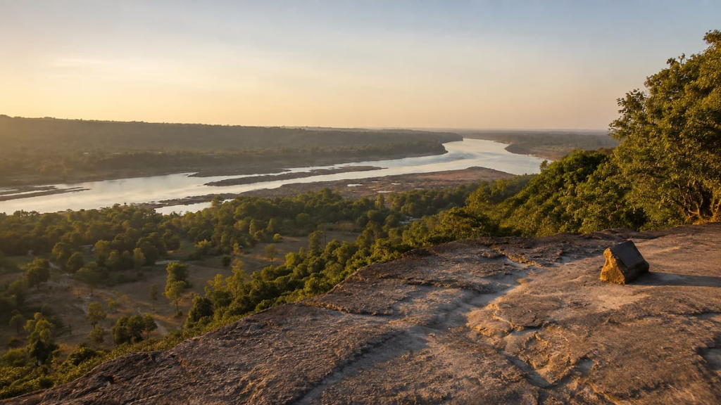 Thailand travel guide sunrise view across the Mekong River from Pha Taem National Park in Ubon Ratchathani.