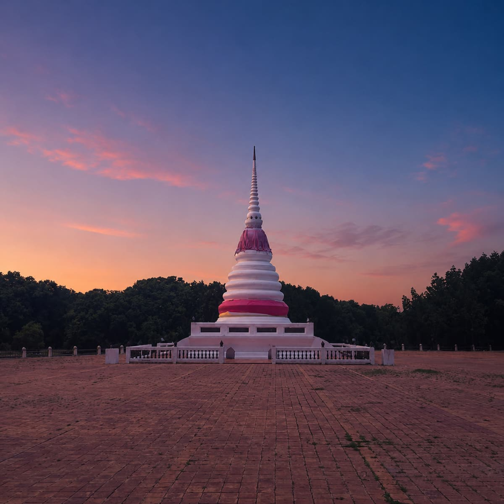 Thailand travel guide view of Phra Chedi Klang Nam beneath a colourful evening sky in Rayong