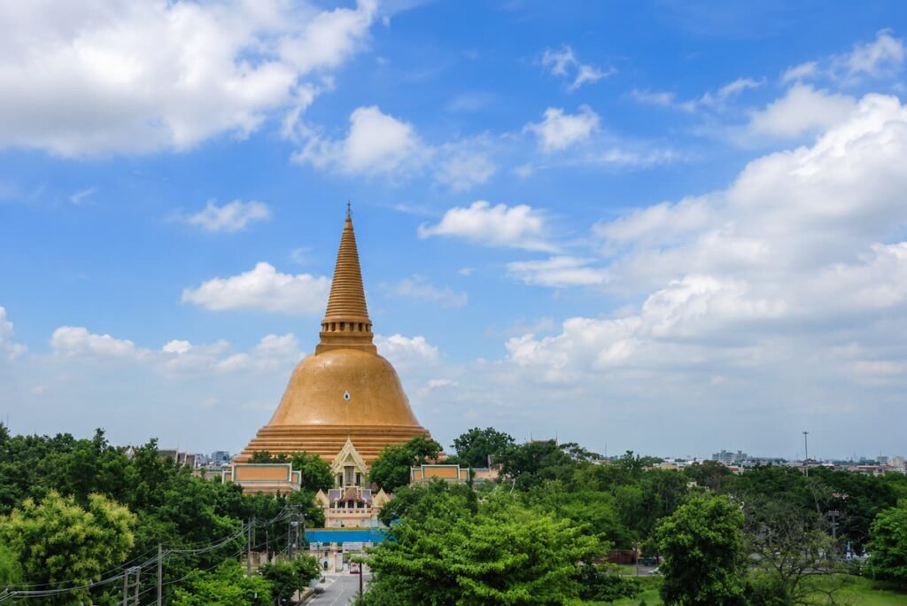 Phra Pathom Chedi rising above Nakhon Pathom, featured in where to go in Central Thailand.