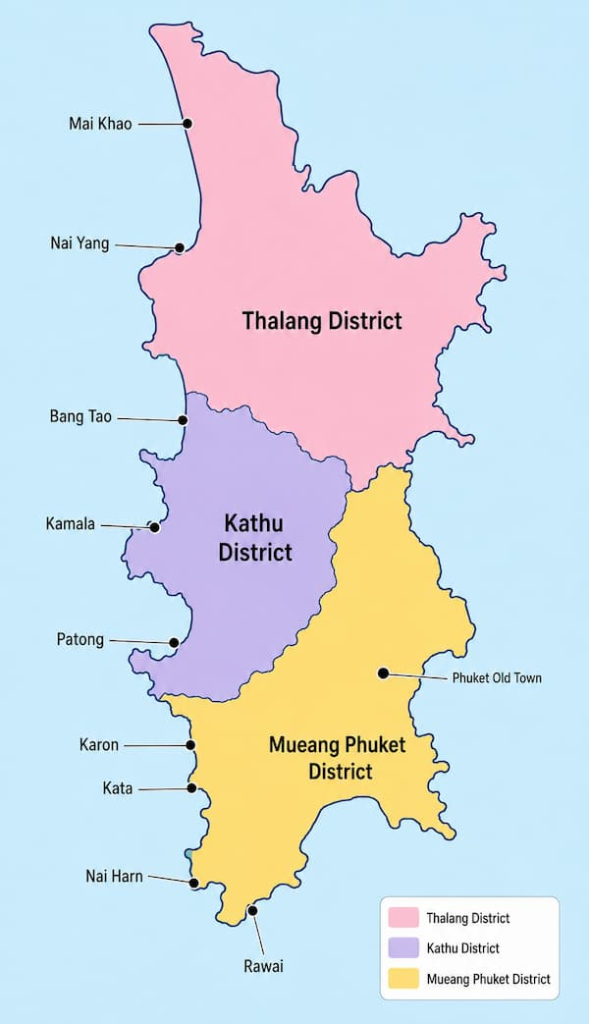 Phuket map showing Thalang, Kathu and Mueang Phuket districts with ten principal travel destinations
