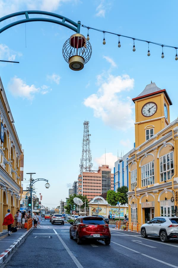 Historic buildings and everyday street life in Phuket Old Town, featured in a Phuket travel guide