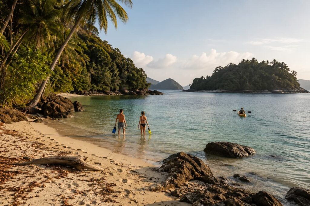 Snorkellers entering clear water while a kayaker paddles beside a quiet beach in Southern Thailand