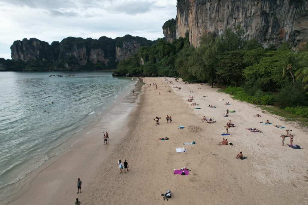 Elevated view across Railay West Beach and its limestone cliffs in Krabi, Southern Thailand