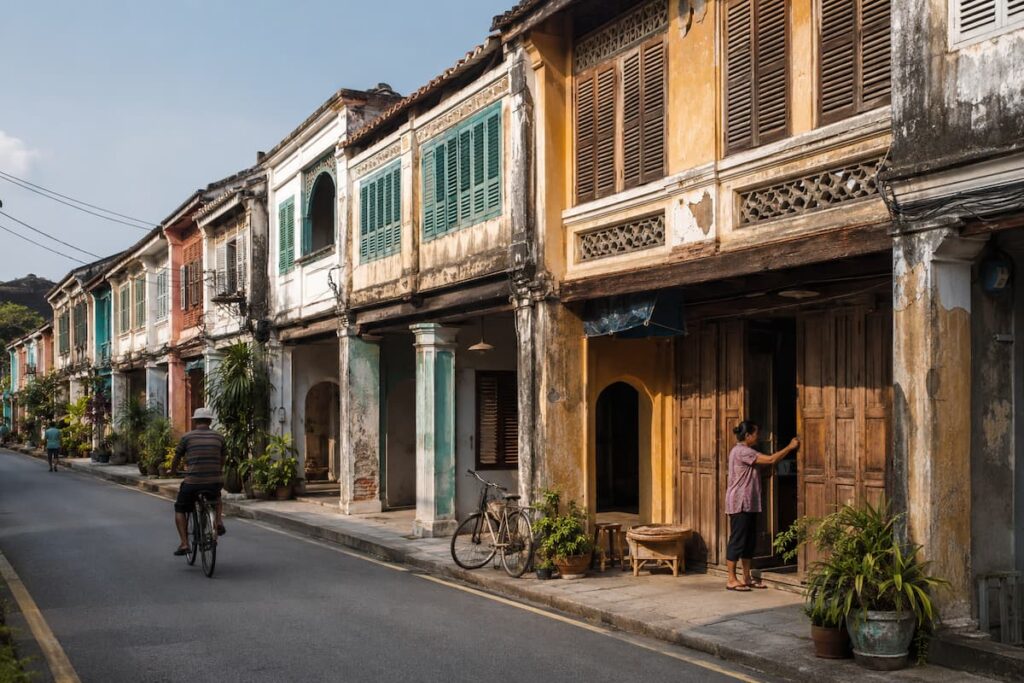 Traditional heritage shophouses and local street life in Songkhla Old Town