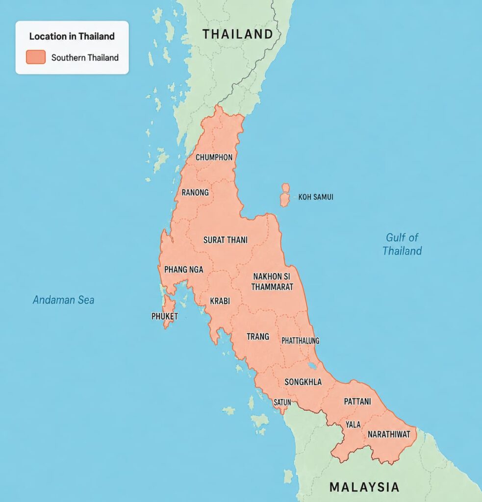 Map showing Southern Thailand 14 provinces between the Andaman Sea and Gulf of Thailand