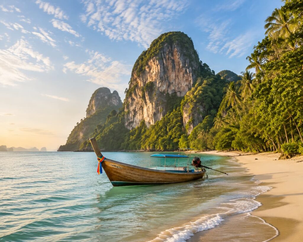 Traditional longtail boat beside a tropical beach and limestone cliffs in Southern Thailand