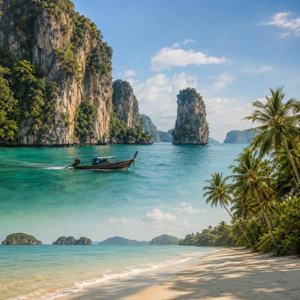 Limestone islands of the Andaman Coast and a palm-fringed Gulf of Thailand beach - showing the difference of areas of Southern Thailand