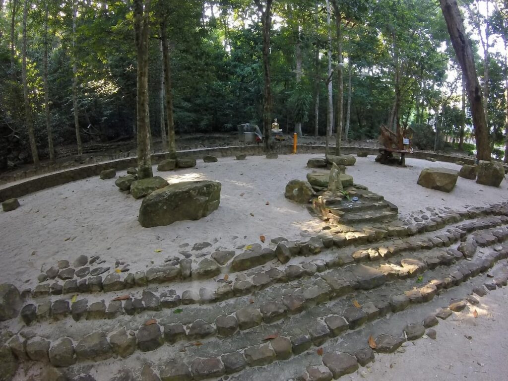 Simple forest meditation area at Suan Mokkh monastery near Chaiya in Southern Thailand