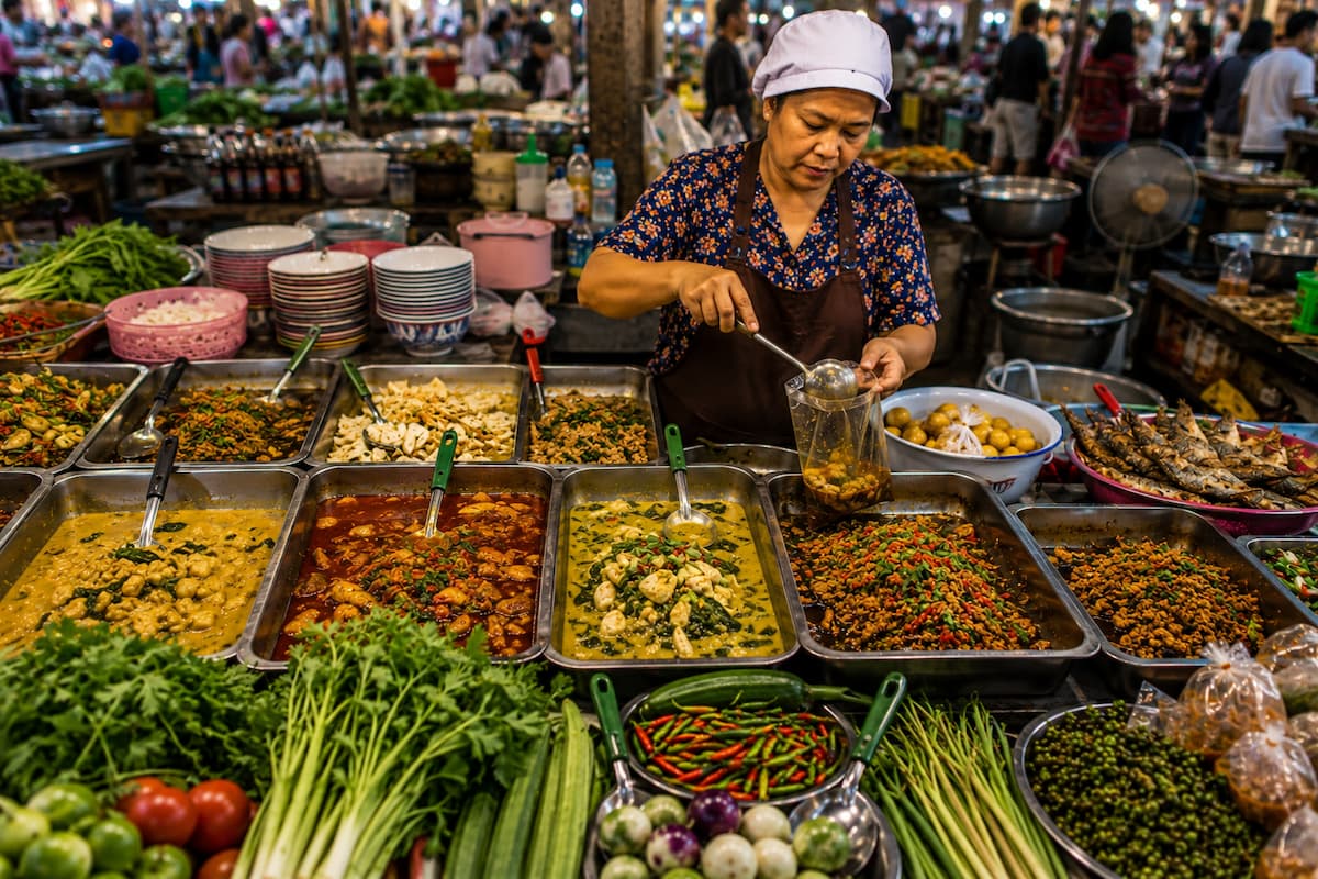 Thai food and culinary experiences at a traditional market stall in Thailand