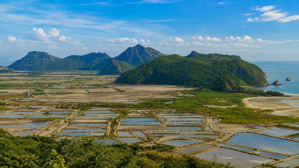 Thailand scenic viewpoints from Khao Daeng overlooking wetlands, limestone mountains and coastline in Sam Roi Yot National Park