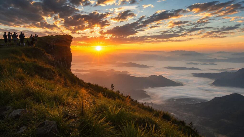 Thailand scenic viewpoints at Phu Chi Fa in Chiang Rai with sunrise over mountains and a sea of mist