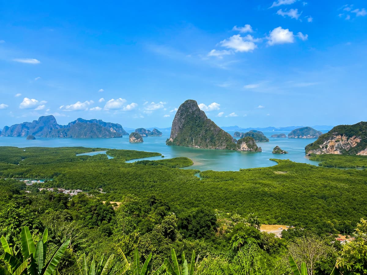 Thailand scenic viewpoints overlooking the limestone islands and mangrove forests of Phang Nga Bay from Samet Nangshe
