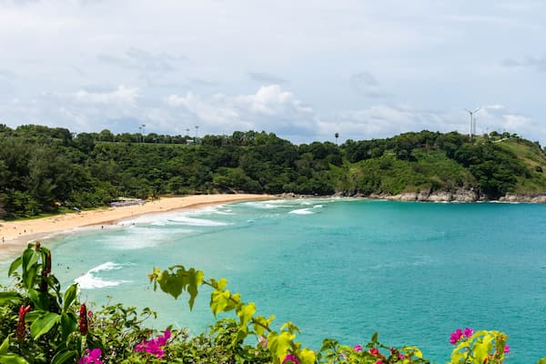 Thailand travel guide view overlooking Nai Harn Beach and its turquoise bay in southern Phuket.