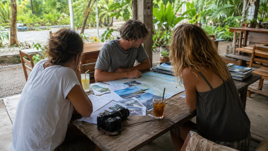 Three travel professionals reviewing maps and photographs at an open-air table in Thailand while planning a tourism marketing package.