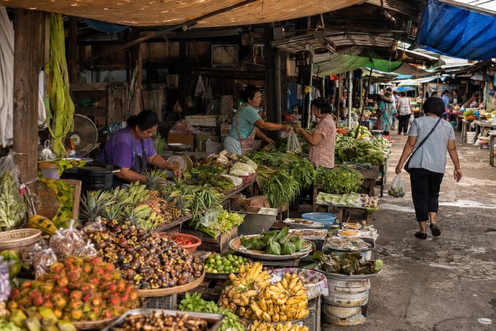 Local vendors and shoppers at a traditional produce market in Trang, Southern Thailand