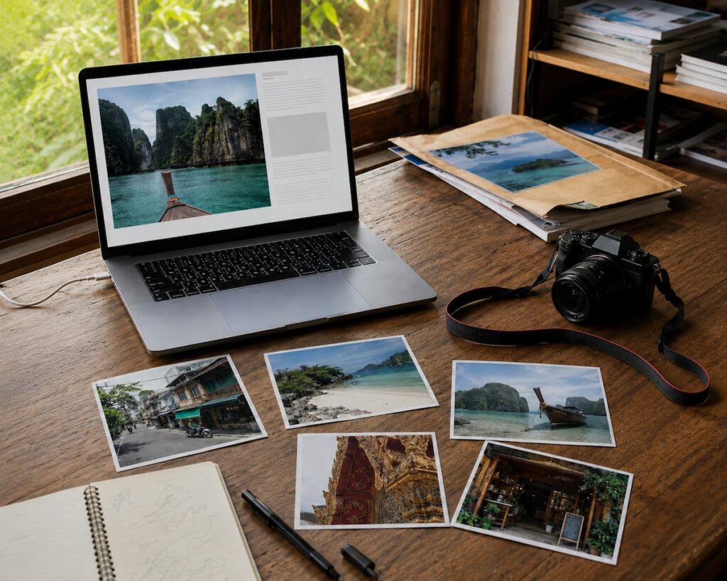 Travel guest post publishing workspace with a laptop, camera and Southern Thailand travel photographs