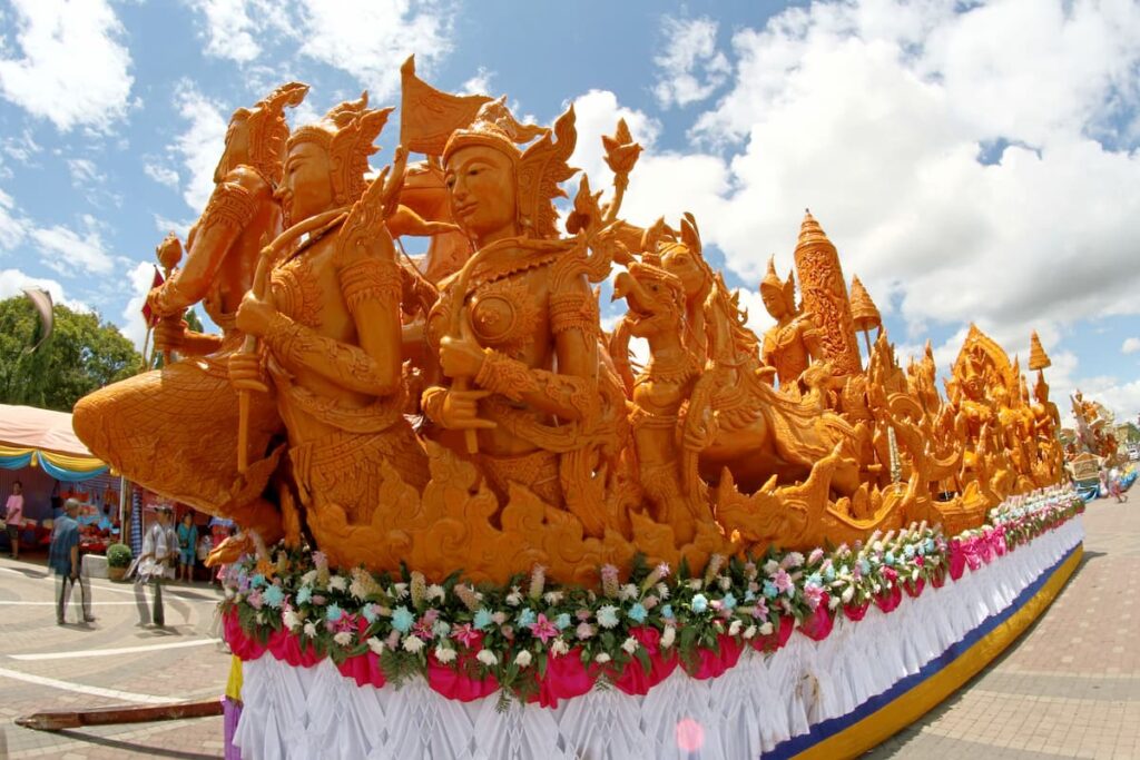 Large carved wax sculpture at the Ubon Ratchathani Candle Festival in Thailand