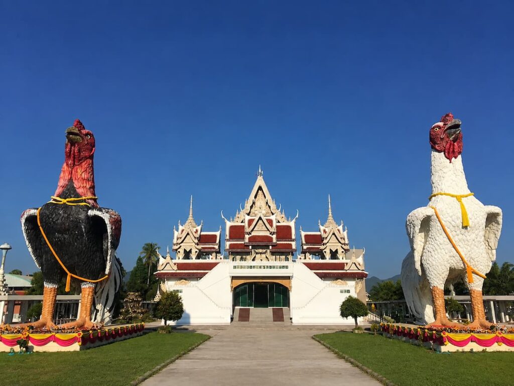 Giant rooster offering statues at Wat Chedi, home of the Ai Khai pilgrimage tradition in Southern Thailand