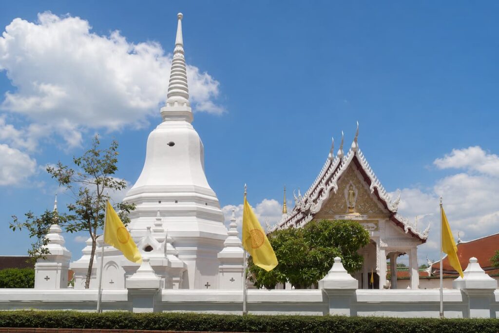 White Srivijaya-influenced chedi at Wat Phra Borommathat Chaiya one of the best temples in Southern Thailand