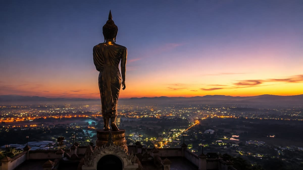 Thailand travel guide view of the standing Buddha at Wat Phra That Khao Noi overlooking Nan and its surrounding mountains at sunset.