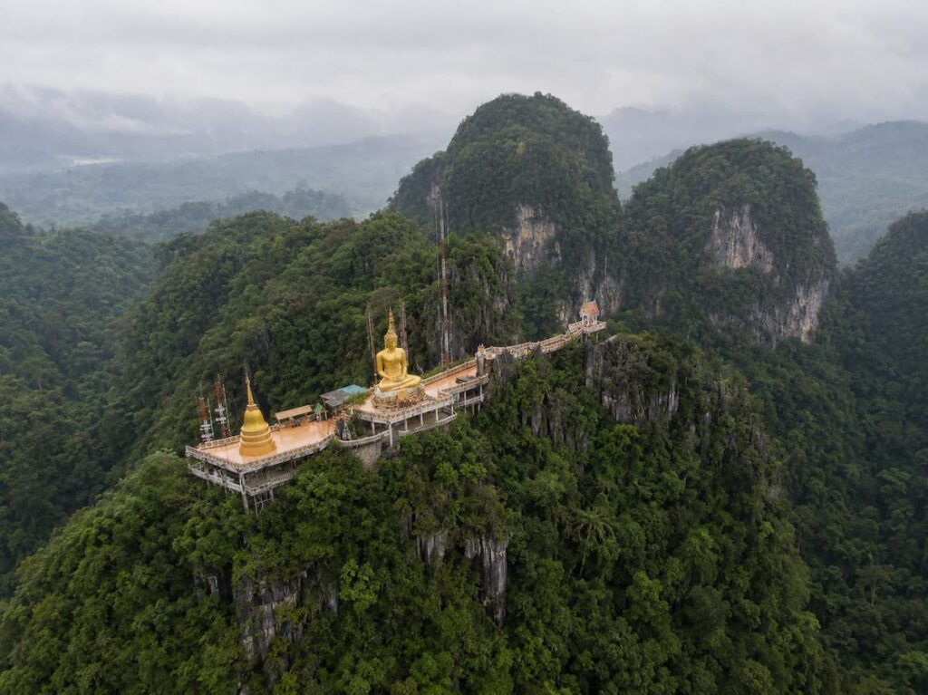 Summit of Wat Tham Suea Tiger Cave Temple overlooking Krabi’s limestone mountains in Southern Thailand