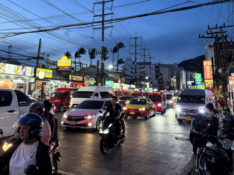 Getting around Phuket with taxis, tuk-tuks, vans and motorbikes in busy traffic