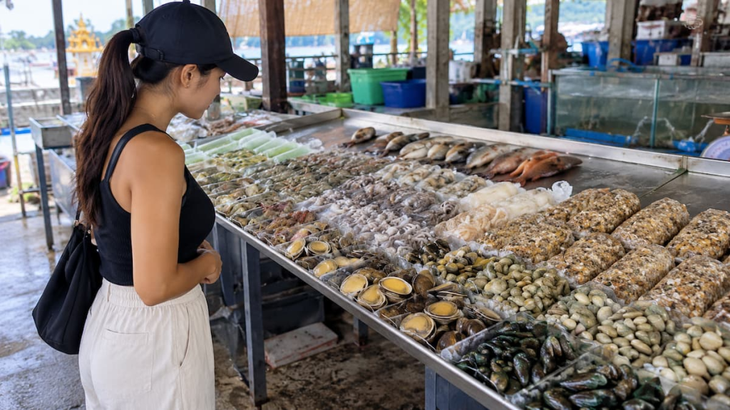 Fresh seafood at Rawai Seafood Market in Phuket, where visitors can choose fish, prawns and shellfish to be cooked
