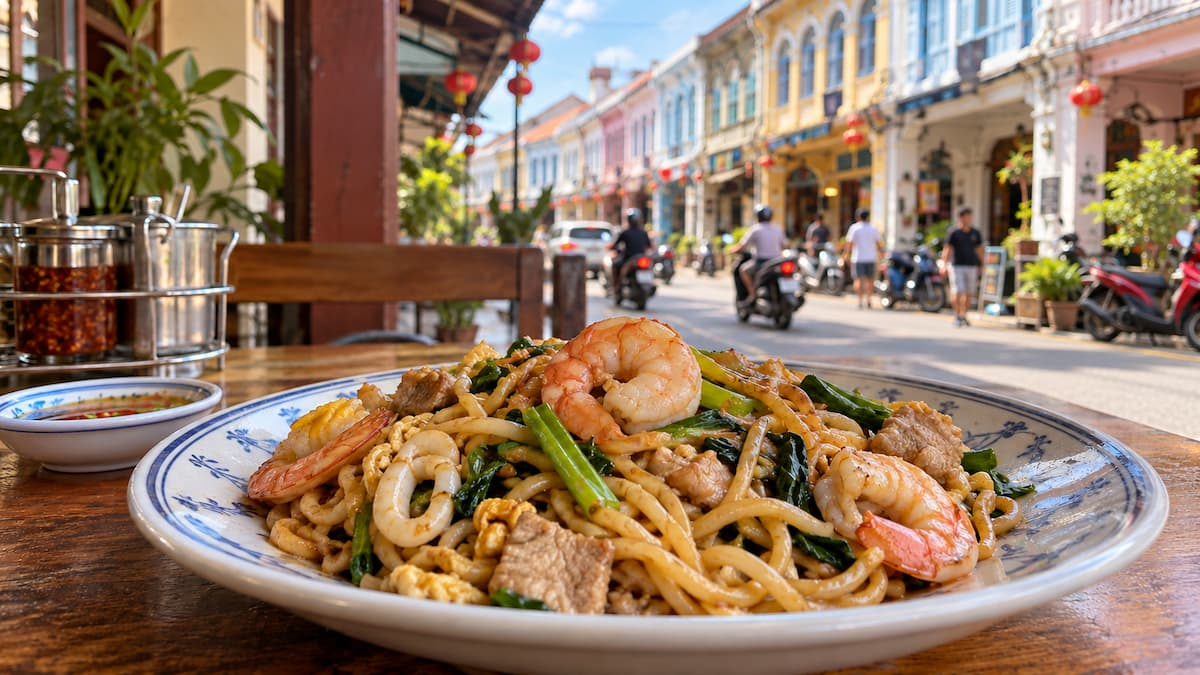 What to eat in Phuket featuring Mee Hokkien noodles with prawns, pork and vegetables in Phuket Town